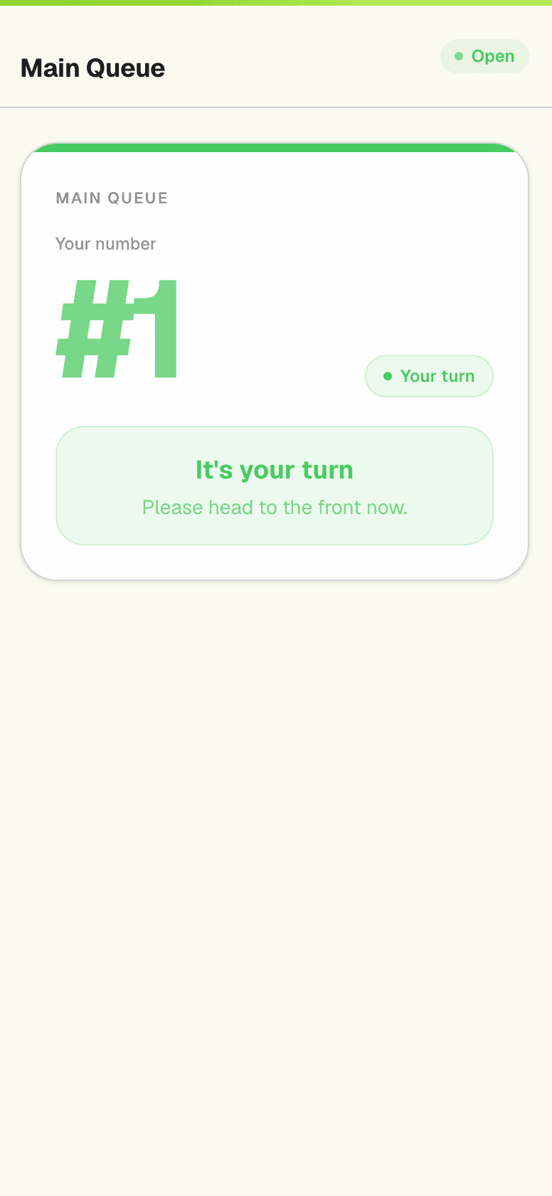 Customer mobile screen when it is their turn to be served