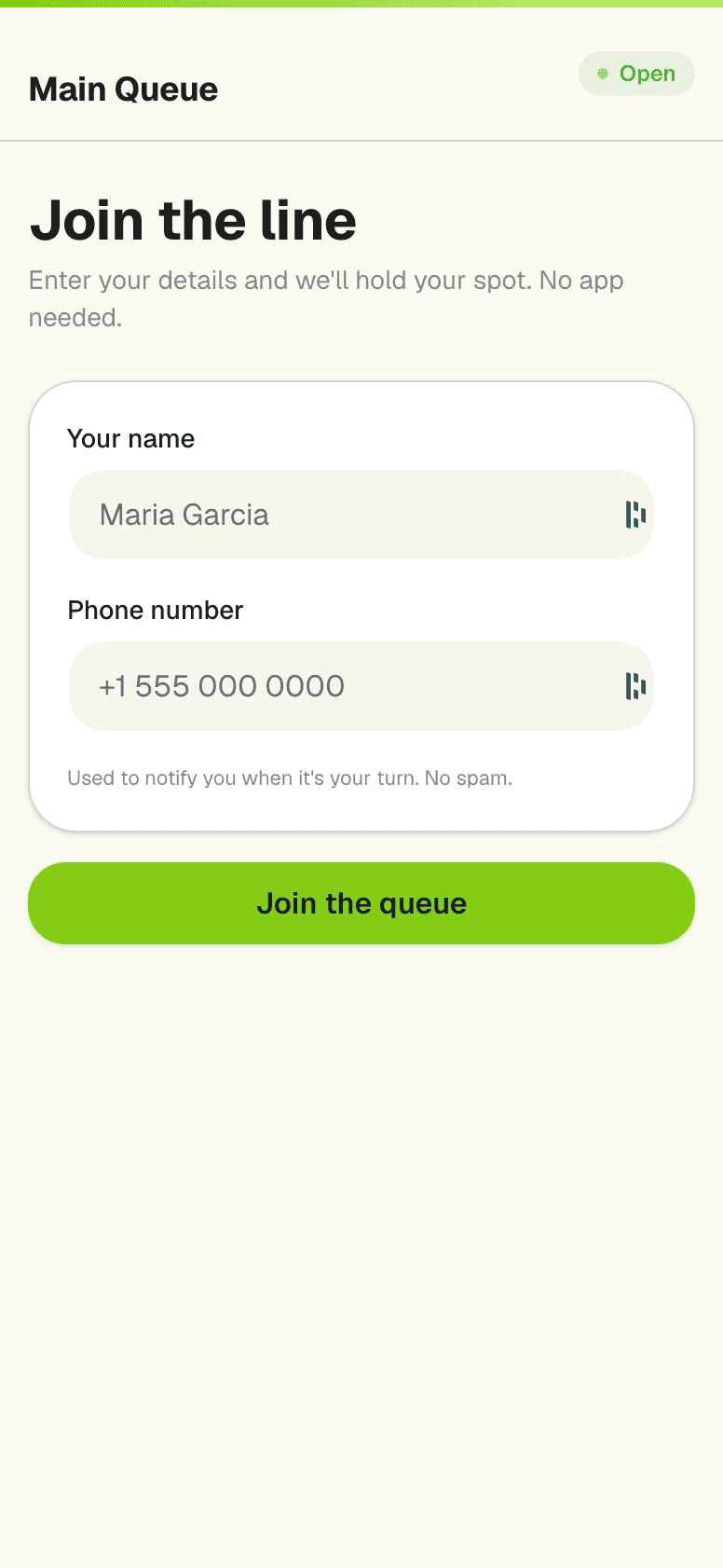Customer join the queue form on mobile