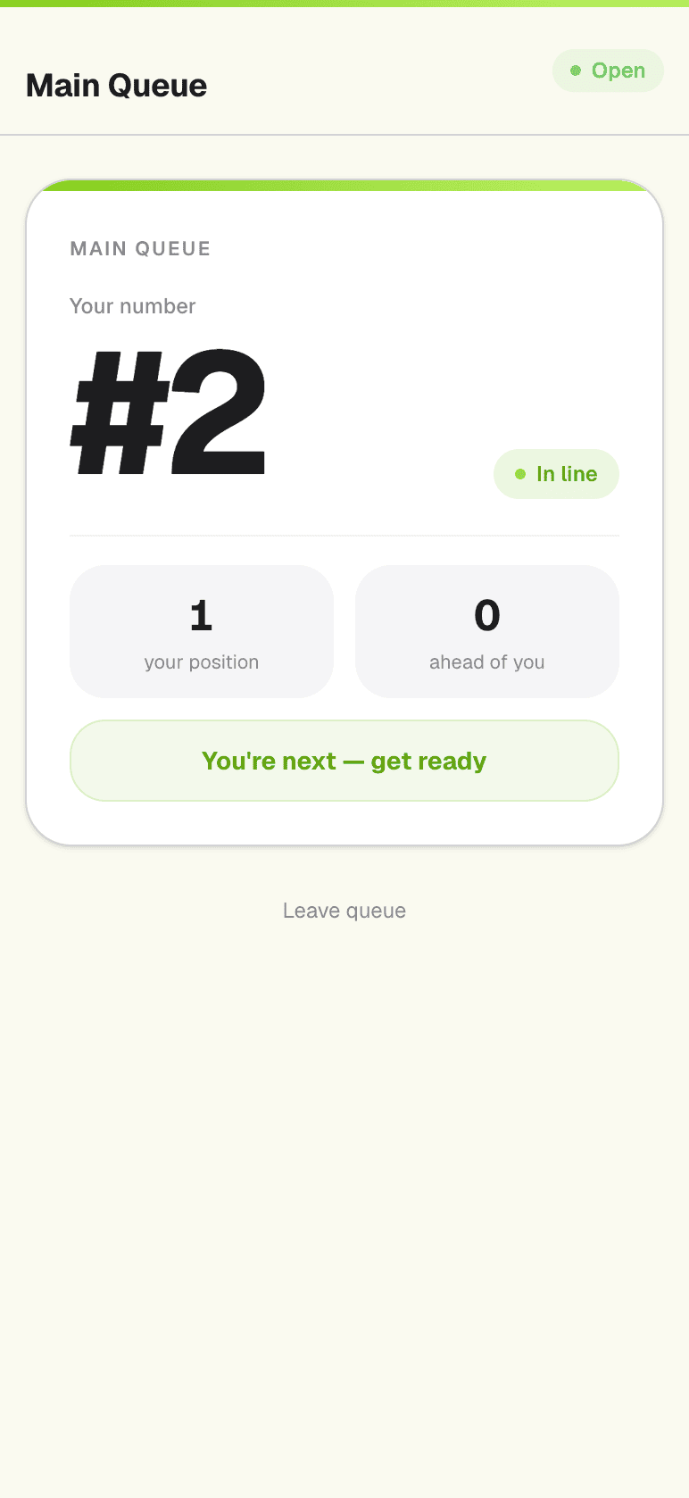 Customer waiting screen showing their live position in the queue